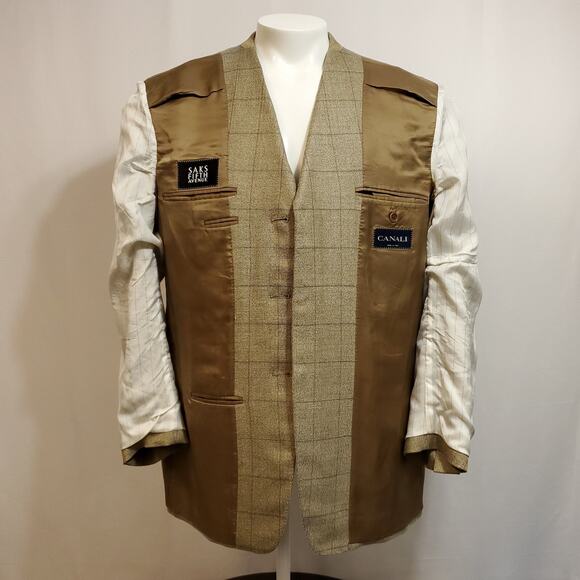 Canali Hopsack Blazer Size 42 Wool Silk Blend Brown Windowpane Plaid 3 Button - Picture 5 of 15